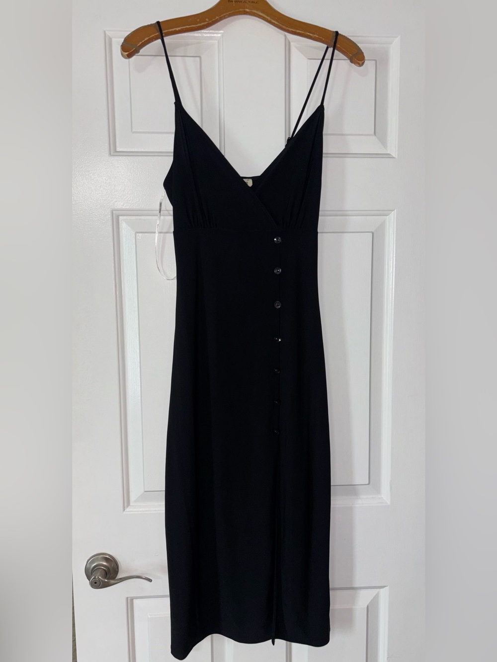 Black V-Neck Slip Dress with Button Detail